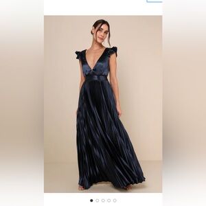 Elegant midnight blue Pleated Evening Dress